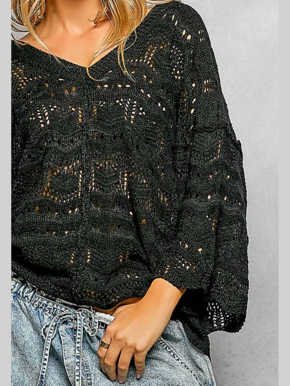 NWT POL Open Knit V-Neck Oversized Sweater Top – Black (M/L) - Picture 5 of 7